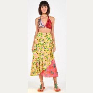 Farm Rio Pink Yellow Garden Mix Ruffled Wrap Skirt -‎ SZ M - NWT
